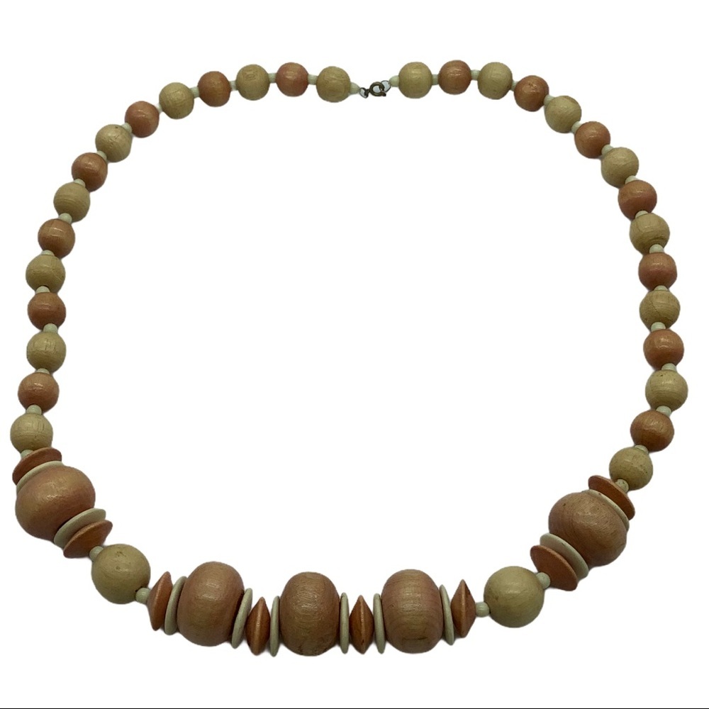 Necklace wood‎ beads lightweight 28" long Vintage
